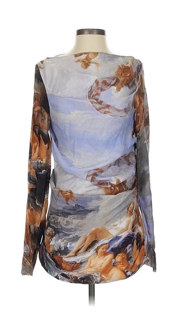 DM Made In Italy Silk Angels Renessance Print Mini Dress Long Sleeve XS